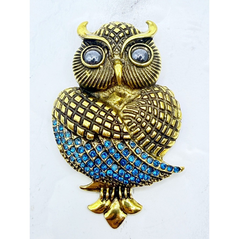 Large Owl Brooch Gold Tone Blue Rhinestone Cabochon Eyes Bird Pin 2.75"